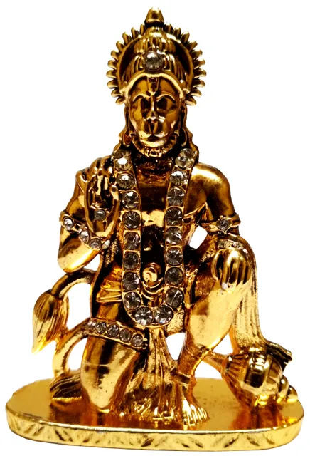 Metal Idol Lord Hanuman: Golden Statue with Gemstones (11773)