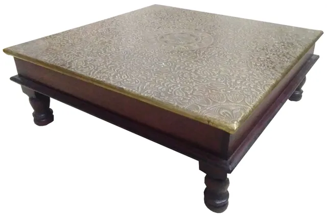 Wooden Bajot (Low Table Chowki Stool) with Brass Sheet Cover: Vintage Antique Design Furniture (11789)