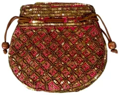 Potli Bag (Clutch, Drawstring Purse): Intricate Gold Thread & Sequin Embroidery Satchel, Pink (11804)