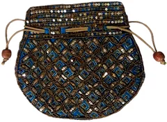 Potli Bag (Clutch, Drawstring Purse): Intricate Gold Thread & Sequin Embroidery Satchel, Firozi Turquoise (11806)