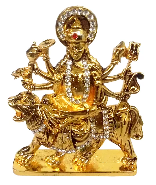 Metal Idol Maa Durga Sherawali Mata Glittering Stones Statue (11849)