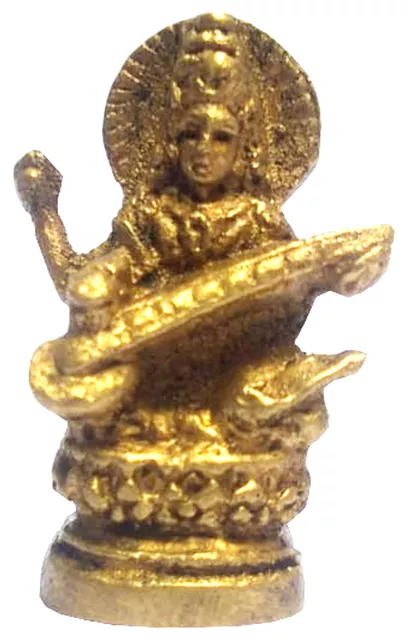 Rare Miniature Brass Idol Saraswati (Saraswathi), Hindu Goddess Of Knowledge, Music & Arts: Unique Collectible Gold Finish  Statue (11902)
