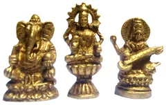 Rare Miniature Brass Idols Lakshmi-Ganesha-Saraswati: Unique Collectible Gold Finish Statue Set (11903)