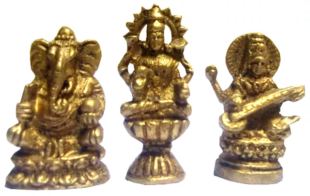 Rare Miniature Brass Idols Lakshmi-Ganesha-Saraswati: Unique Collectible Gold Finish Statue Set (11903)