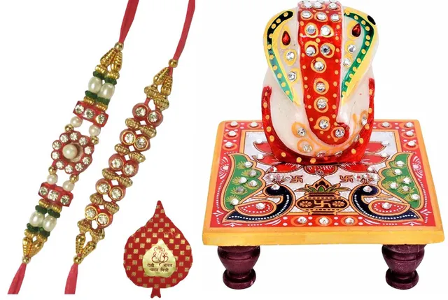 Rakhi Gift Set of 2 Designer Rakhis for Brother with Marble Chowki Ganesha and Pack of Roli Chawal in Auspicious Red Paan Packing