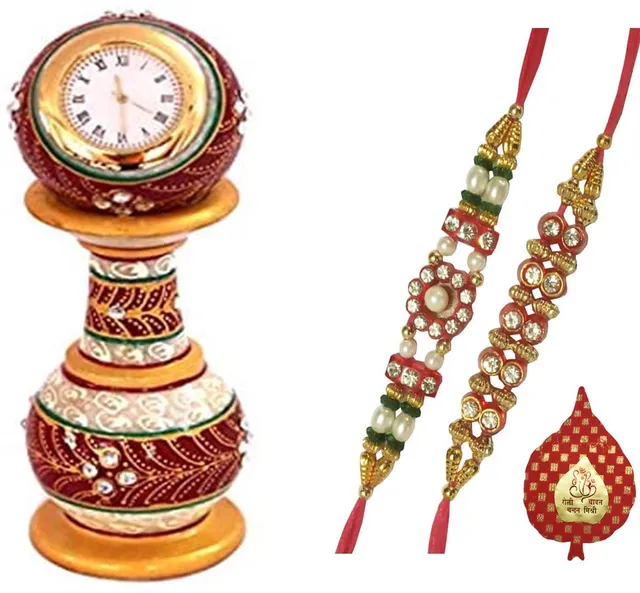 Rakhi Gift Set of 2 Designer Rakhis for Brother with Marble Clock and Pack of Roli Chawal in Auspicious Red Paan Packing