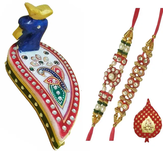 Rakhi Gift Set of 2 Designer Rakhis for Brother Marble Chopra Kumkum holder and Pack of Roli Chawal in Auspicious Red Paan Packing
