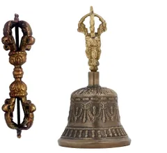 Brass Bell Metal Vajra (Dorje or Thunderbolt) & Tribhu (Ghanta, HandBell, or Bell): Buddhist Tibetan Prayer Meditation Device (11995)