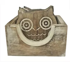 Wooden Coaster Set 'Night Owl': 6 Owl Design Coasters in Distress Finish (12023)