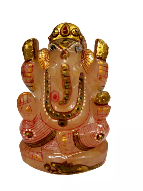 Rose Quartz Stone Ganesha Statue with Gold Painting : Natural Healing Gemstone Rock Idol for Positive Energy (11915)