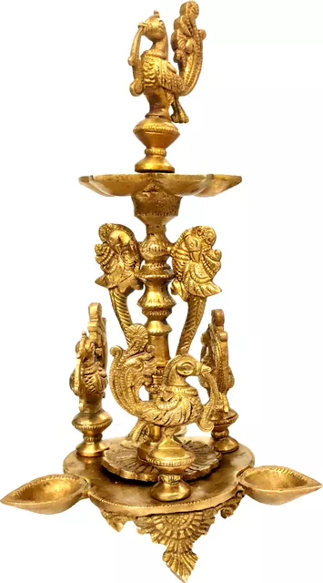 Brass Oil Lamp Kuthu Vilakku: Antique Design Royal Deepam Diya with Parrots & Peacocks (12033)