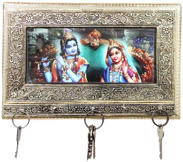 Wooden Wall Hanging Key Holder 'Radha Krishna': 5 Hooks (12035)
