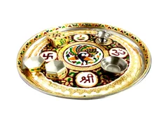 Meenakari Pooja Plate Thali: Diya, Katori, Sindoor-Chawal Box (12036)