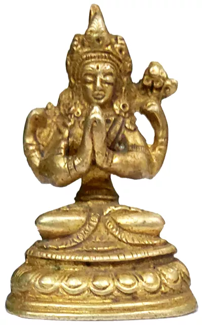 Brass Idol Tara, Female Bodhisattva: Mini Statuette Tibetan Buddhist Goddess in Folded Hands Anajali Pose (12059)