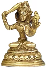 Brass Idol Tara, Female Bodhisattva: Mini Statuette Tibetan Buddhist Goddess Holding Sword (12058)