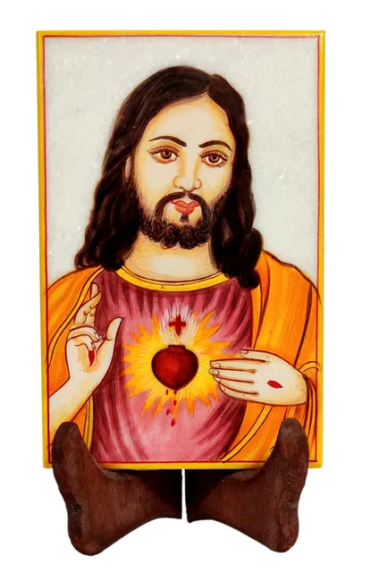 Marble Painting Jesus Christ: Hand Painted Tile with Gold Work, 6x4 Inches (12093)