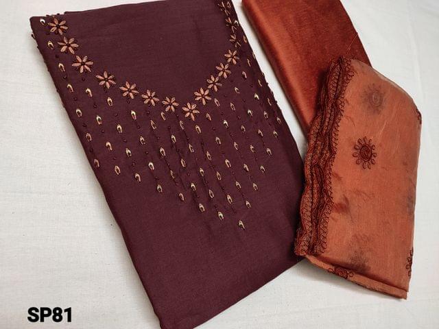 CODE SP81 : Maroon Soft Silk cotton unstitched Salwar material(shiny, thin fabric, requires lining) with Thread work and sequins work on yoke, Dark Peach silk cotton bottom, Dark Peach organza dupatta with thread and cut work