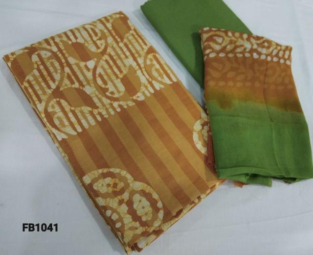 CODE  FB1041 : Fenu Greek Yellow Batik dyed Pure Cotton unstitched Salwar material(Requires lining), light green pure thin cotton bottom, Batik dyed Dual Shaded chiffon dupatta (requires tapings)