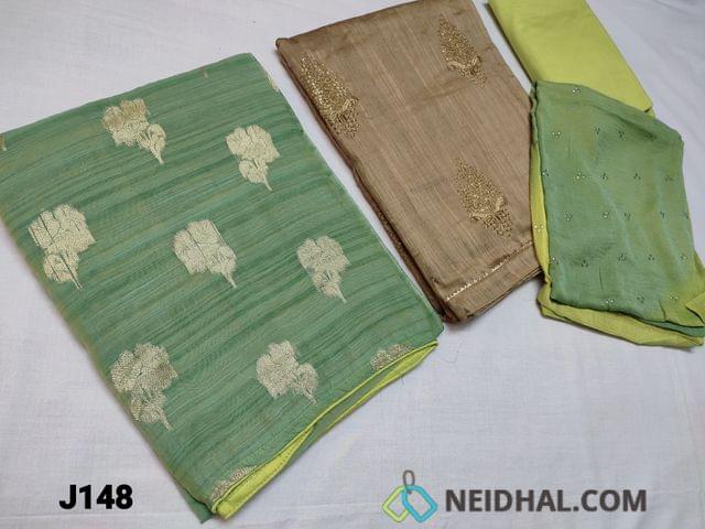 CODE J148 : TWO TOPS, Top 1: Pastel Green Slub Silk cotton unstitched top(thin fabric requires lining) with zari thread weaving on front side plain back, Top 2: Sillver Greyish Silk cotton unstitched Salwar material with sequins and zari thread embroidery pattern work on front side, plain back, daman patch, Green silk cotton bottom, Dual color chiffon dupatta with dew drops work and taping