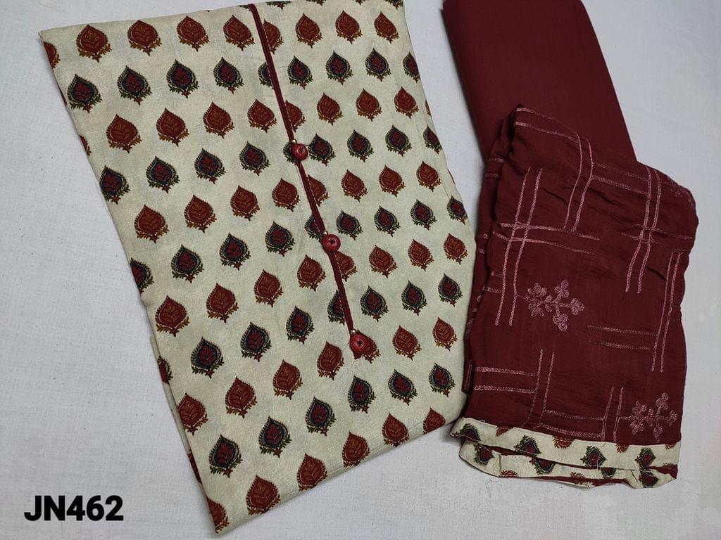 CODE JN462 : Beige Premium Rayon Printed Unstitched Salwar material(Flowy fabric lining Optional) with fancy buttons on yoke, daman piping, Maroon cotton bottom, Maroon chiffon dupata with heavy thread work and taping