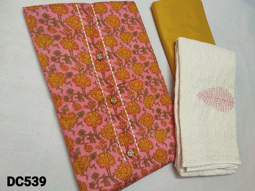 Code DC539: Floral printed pink soft pure cotton unstitched salwar material with lace and fancy buttons on yoke, fenugreek yellow soft thin cotton bottom, cotton  dupatta with all over embroidery and block printed