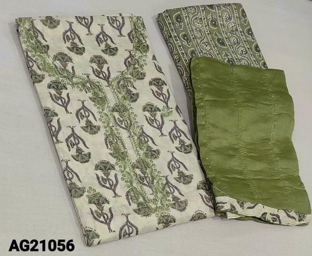 CODE AG21056 : Printed Pastel Green Modal fabric unstitched Salwar material(requires lining)with thread and sequence work on yoke, printed green modal bottom, thread and sequence work on green silk cotton dupatta with tapings.