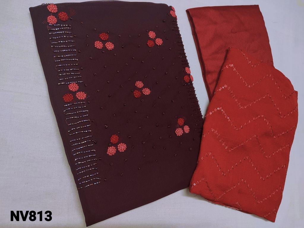 CODE NV813 : Designer Dark Maroon Georgette unstitched Salwar material(thin and flowy fabric requires lining) with Heavy thread work and cut bead work on yoke, Reddish Peach Silk Cotton bottom, Heavy embroidery work  and sequins work on chiffon dupatta with lace tapings