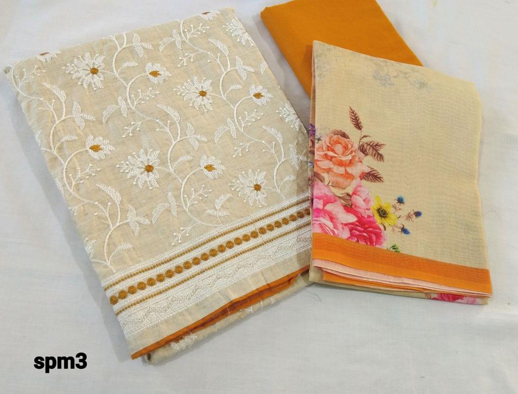 CODE SPM3 : Printed Beige Silk Cotton unstitched Salwar material(requires lining) with embroidery work on frontside, yellow cotton bottom, Printed silk cotton dupatta.