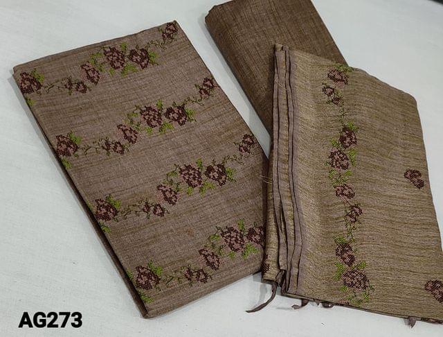 CODE AG273 : Premium Light Brown  Shade Bhagalpuri jute silk cotton unstitched Salwar material(lining optional) with with cross stitch embroidery work on yoke, matching bhagalpuri silk cotton or bhagalpuri jute cotton bottom, cross stitch embroidery work on bhagalpuri silk cotton dupatta with tassels