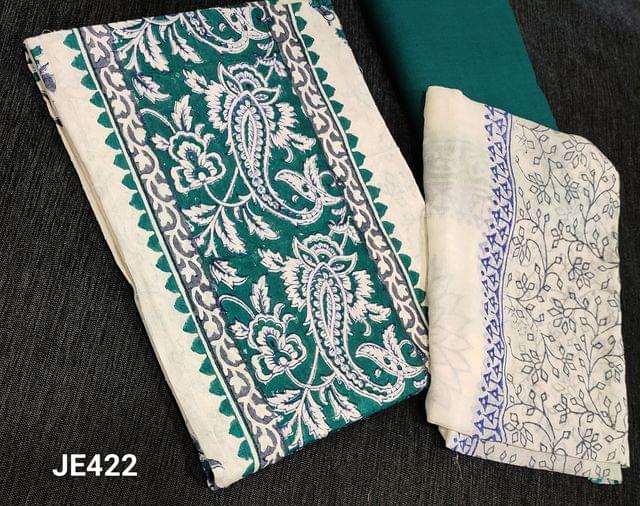 CODE JE422: Block Printed jakard Cotton unstitched Salwar material(Requires lining), teal green cotton bottom, block printed chiffon dupatta with tapings.