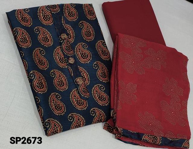 CODE SP2673 : Digital Printed Blue Silk Cotton unstitched Salwar material(requires lining) with  buttons on yoke, reddish maroon cotton bottom, embossed foil work on chiffon dupatta with tapings.