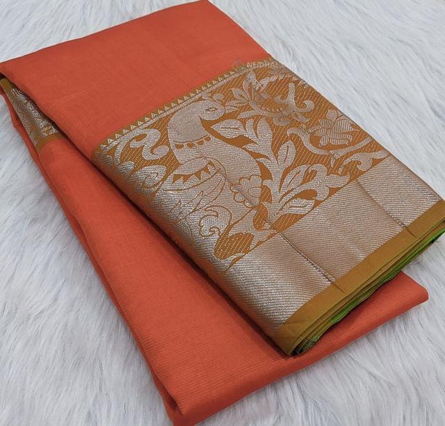 CODE:WS73 Orange mangalgiri silk cotton saree with fenugreek yellow double sided antique peacock silver zari woven borders ,colorful striped pallu with borders ,contrast green running blouse with borders