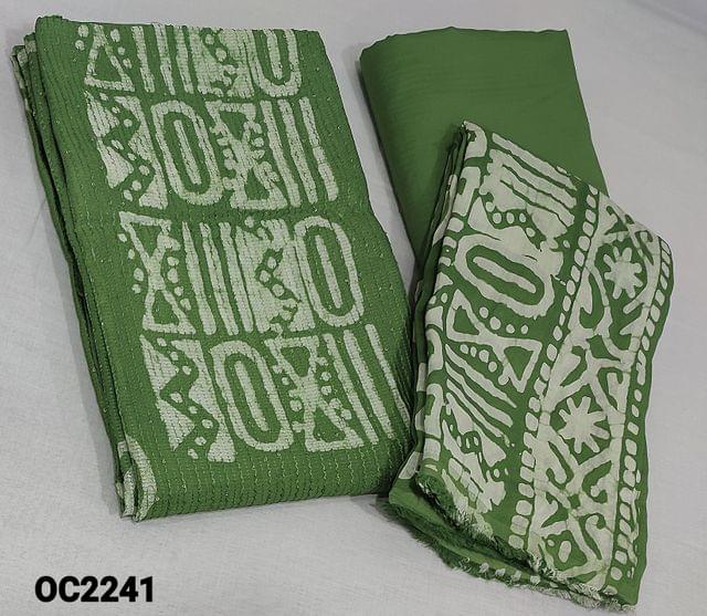 CODE OC2241:  Batik Dyed Green soft Silk Cotton unstitched salwar material(requires lining) with thread and sequence work on frontside, matching silky bottom, batik dyed soft silk cotton dupatta.(requires taping)