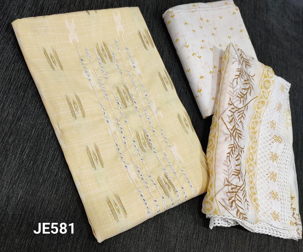 CODE JE581 : Pastel Yellow soft Spun Silk Cotton unstitched Salwar material(lining optional) with thread woven on frontside, foil work and cut bead on yoke ,printed cotton bottom, Block printed chiffon dupatta with lace tapings.