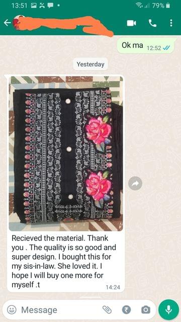 Received the material. Thank you, The quality is so good and super design, i bought this for my sis-in-law, she loved it, I hope i will buy one more for myself.Reviewed on 14th OCT 2022
