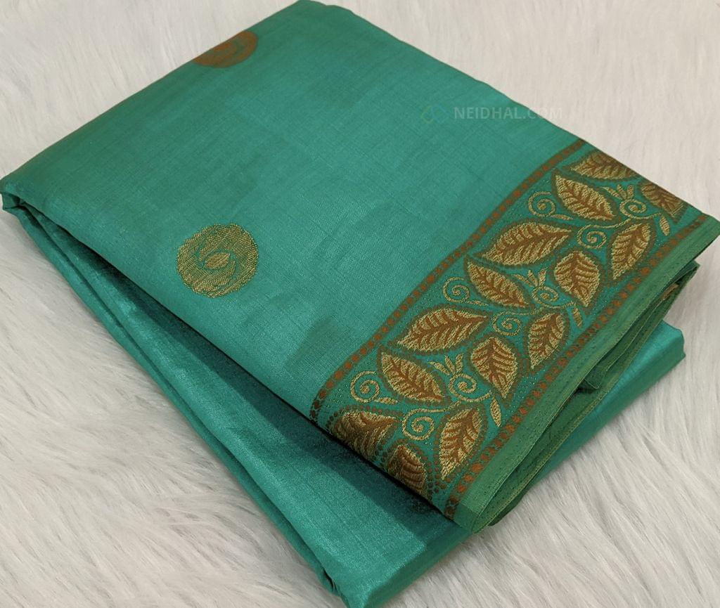 CODE WS201 :Turquoise Blue semi dupion silk saree with antique zari woven double side borders and buttas all over, dual shaded tissue pallu, zari striped running blouse