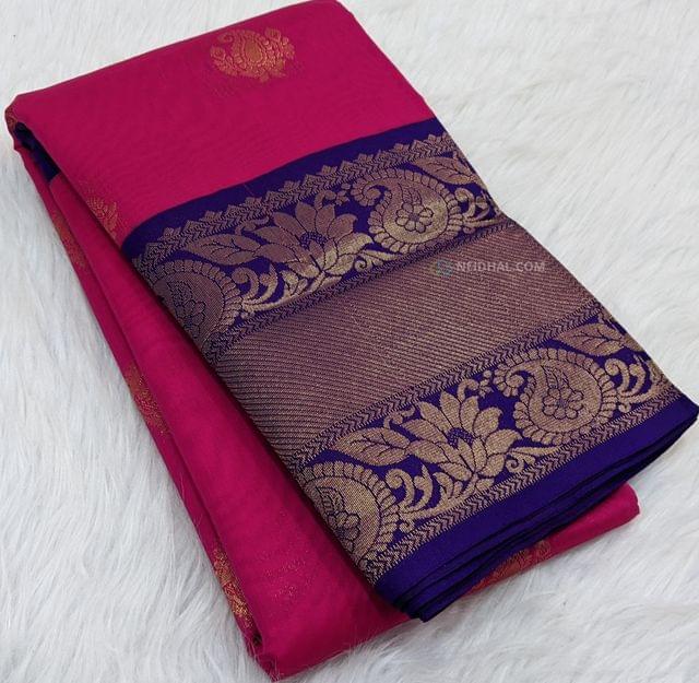 CODE WS213 :Bright Pink kuppadam silk cotton saree with antique zari woven big violet border, zari  buttas all-over, contrast rich antique gold zari pallu  , Purple silk cotton running blouse