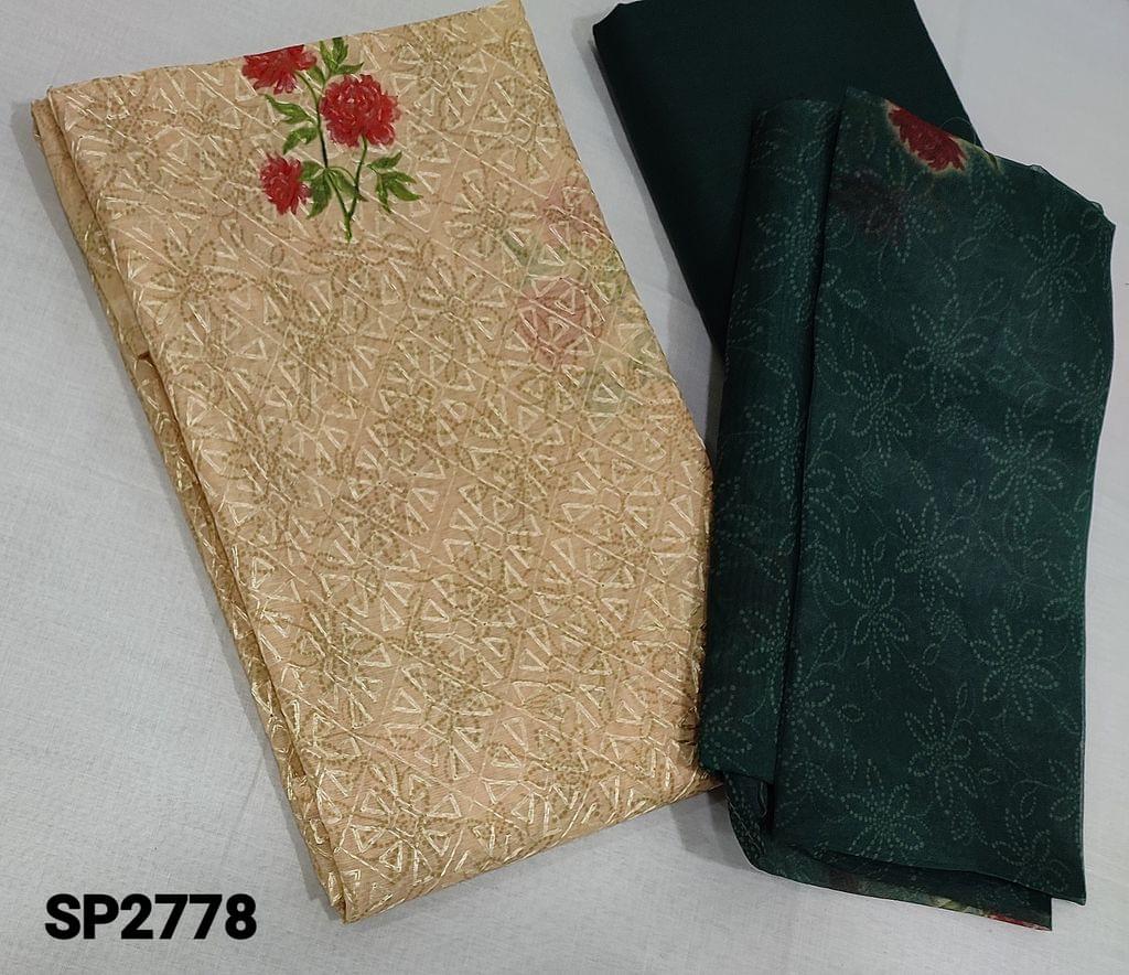 CODE SP2778 :  Premium Beige Silk Cotton Unstitched Salwar material(lining required)  with embroidery work, floral print on frontside, dark Green cotton bottom, floral printed organza dupatta with taping.