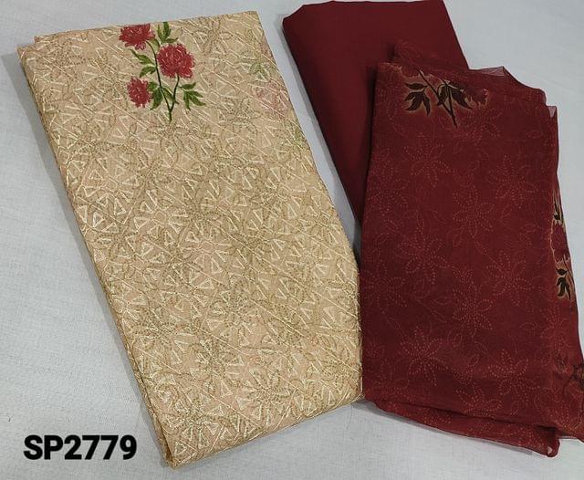 CODE SP2779 :  Premium Beige Silk Cotton Unstitched Salwar material(lining required)  with embroidery work, floral print on frontside, maroon cotton bottom, floral printed organza dupatta with taping.