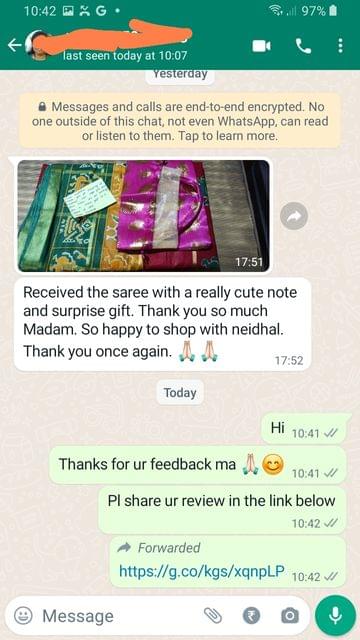 Neidhal Sarees: Received the saree with a really cute note and surprise gift. Thank You so much madam, So happy to shop with Neidhal.  -Reviewed on 1st NOV 2022