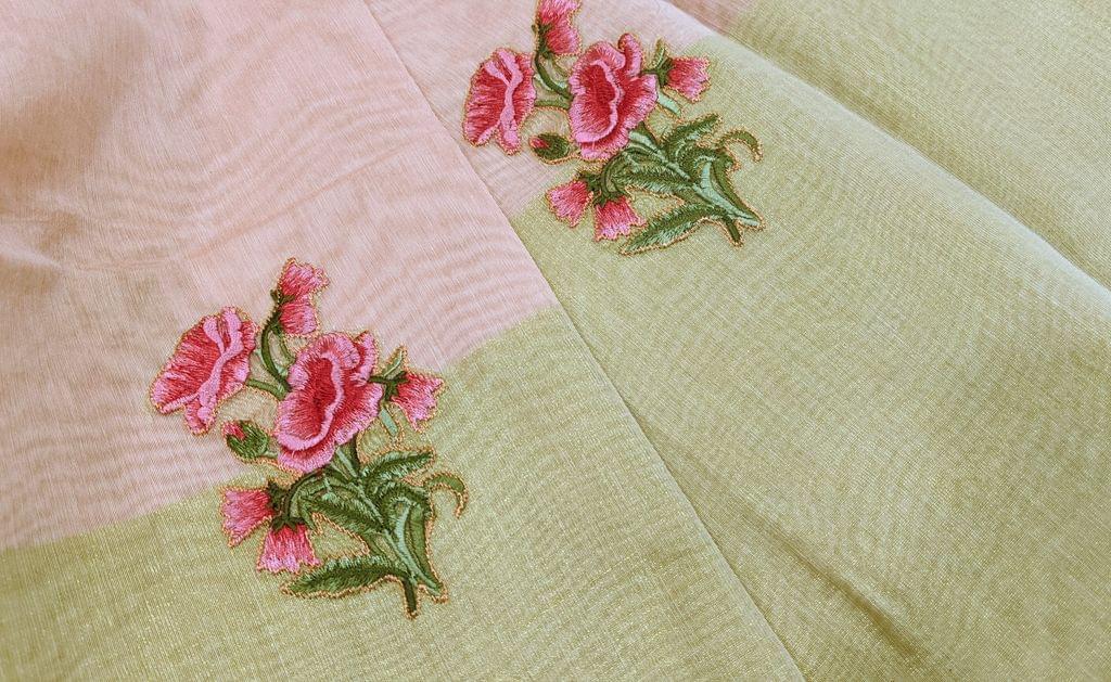 CODE WS295  : Pastel Pink silk cotton with floral embroidery all-over, big gold tissue border , embroidered pallu and running blouse .