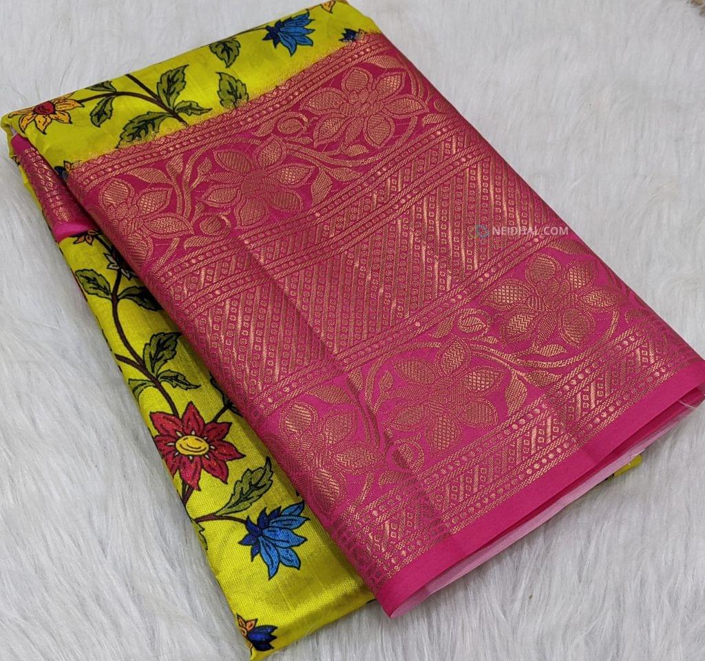 CODE WS263 :  Bright yellow colorful floral printed paper silk saree ,contrast bright pink zari woven  border,digital printed pallu and digital printed blouse with borders.