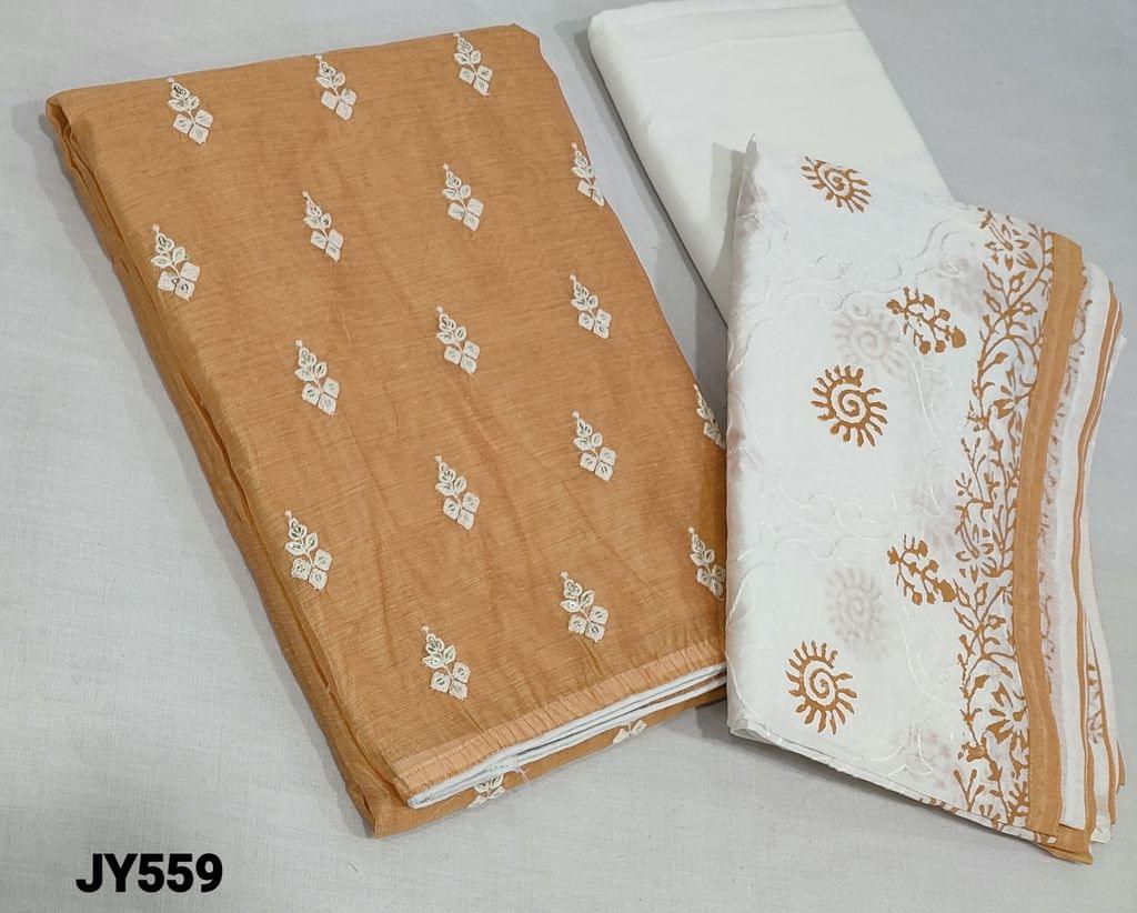 CODE JY559: Peach Silk Cotton unstitched Salwar materials(lining required) with embroidery work on frontside, half white soft thin cotton bottom, embroidery and block printed silk cotton dupatta with tapings.