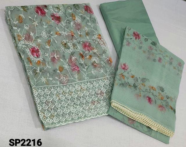 CODE SP2216: Designer Green Organza unstitched Salwar material(requires lining) with heavy colorful embroidery work on frontside, matching silky or santoon bottom ,Digital printed organza dupatta