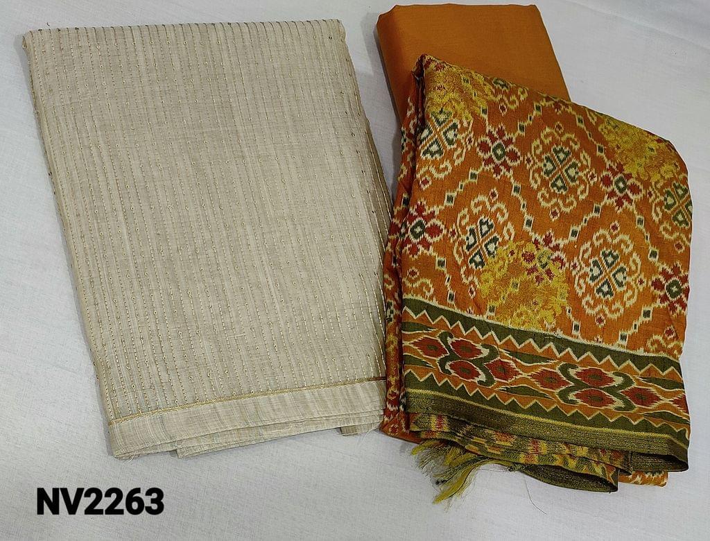 CODE NV2263: Designer Light Beige Silk Cotton unstitched Salwar material(requires lining) with thread and sequence work on frontside, mehandhi yellow silk cotton bottom, Premium patola printed and benarasi woven silk cotton dupatta