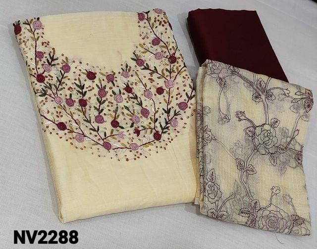 CODE NV2288 : Designer Ivory Fancy Silk Cotton unstitched Salwar material(requires lining) with bullion rose and french knot work on yoke, maroon  silk cotton bottom, rich embroidery work on kota silk cotton dupatta