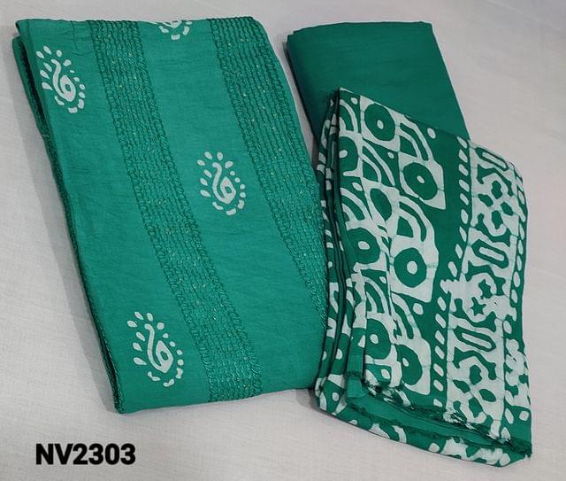 CODE NV2303: Batik dyed Turquoise Green soft Silk Cotton unstitched Salwar materials(requires lining) with thread and sequence work on yoke, matching silky bottom, batik dyed soft silk cotton dupatta (requires taping)