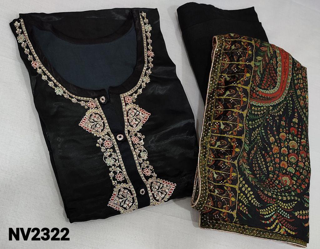 CODE NV2322 : Designer Black Premium Gaji Silk semi stitched Salwar material(requires lining) with zari embroidery, sequence and buttons on yoke, 3/4 sleeves, matching santoon bottom, Digital printed and mukaish stone work on velvette dupatta  (can fit up to XL size)