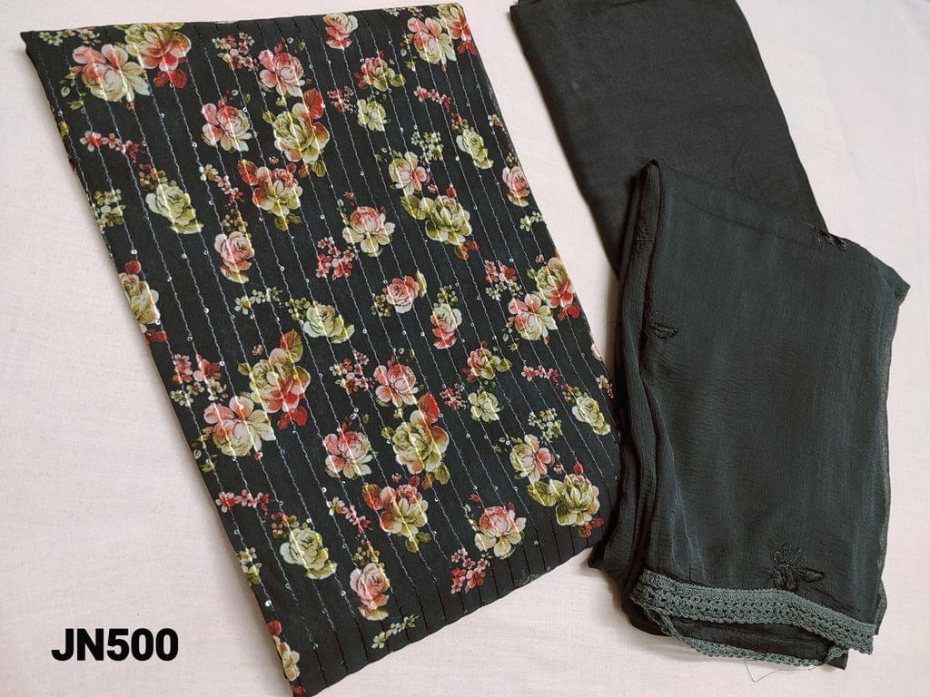 CODE JN500 : Digital Printed Dark Greyish Green Georgette unstitched Salwar material(thin fabric requires lining) with thread weaving on front side, plain back, Dark Greyish green santoon bottom, Georgette dupatta with Thread Embroidery work and lace tapings