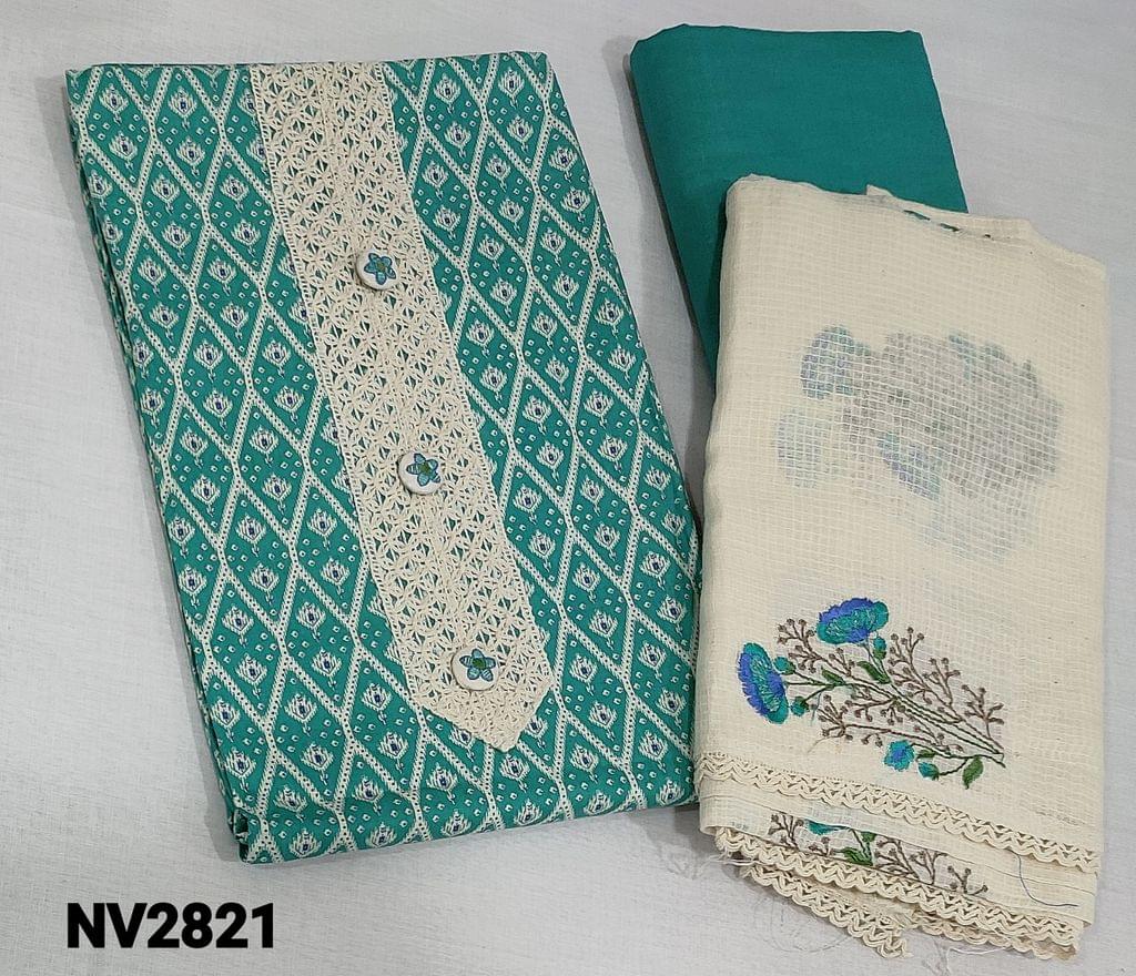 CODE NV2821: Printed Turquoise Blue soft Cotton unstitched salwar material(requires lining) with buttons and lace work on yoke, matching cotton lining provided, NO BOTTOM, embroidery work on kota cotton dupatta with lace tapings.